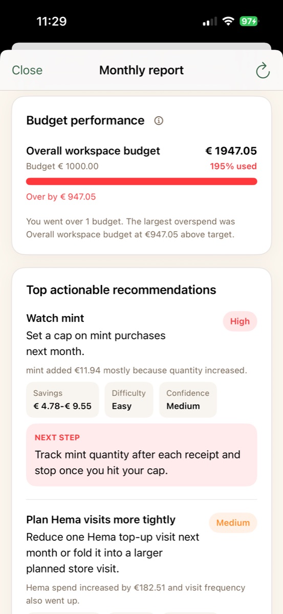 Receed budget recommendations screenshot